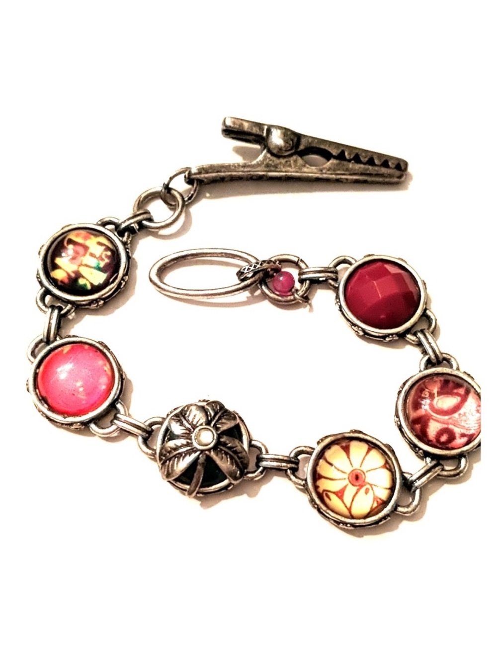 Luck Brand Clasp Round Silver Glass Mixed Media & Floral Links